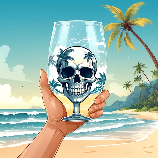 a cartoon drawing of a human hand holding a glass with a skull on it