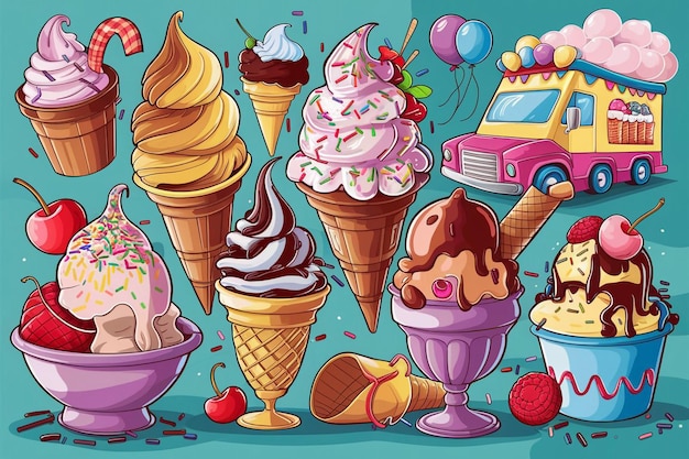 a cartoon drawing of ice creams with a blue background