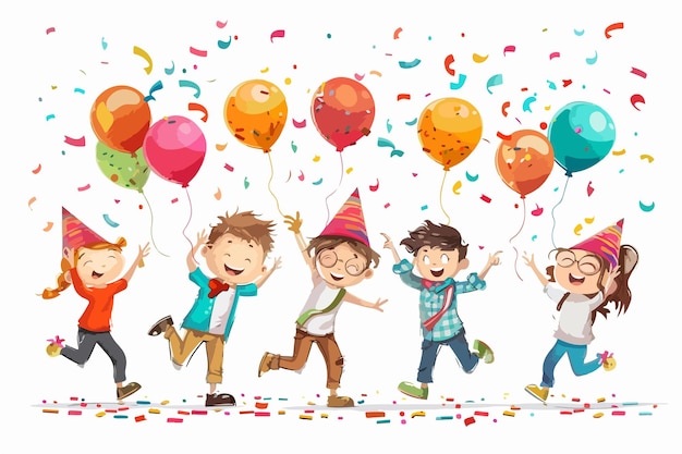 Vector a cartoon drawing of kids playing with balloons and confetti