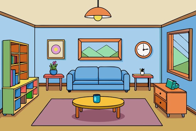 Vector a cartoon drawing of a living room with a blue couch and a clock on the wall