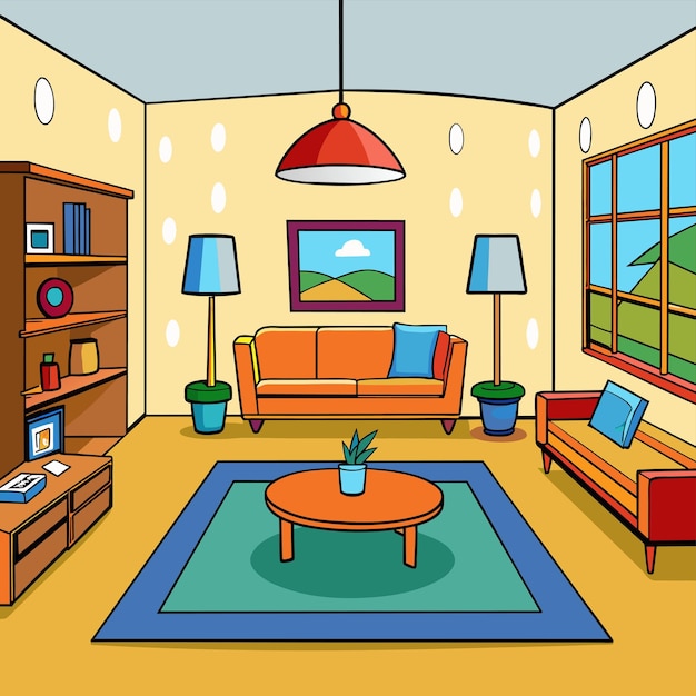 Vector a cartoon drawing of a living room with a couch and a coffee table