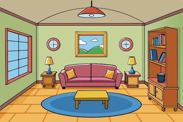 Vector a cartoon drawing of a living room with a couch and a coffee table