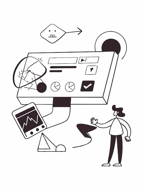 Vector a cartoon drawing of a man and a computer with a diagram that says quot test quot