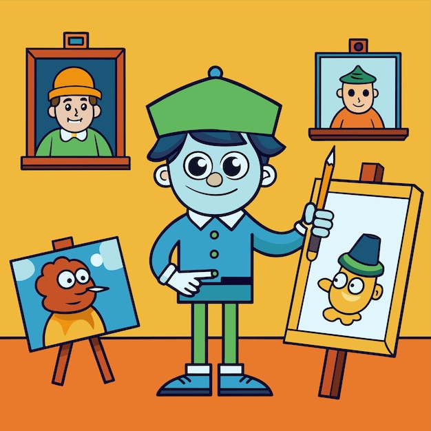 Vector a cartoon drawing of a man in a green hat and a picture of a bird and a picture of a bird