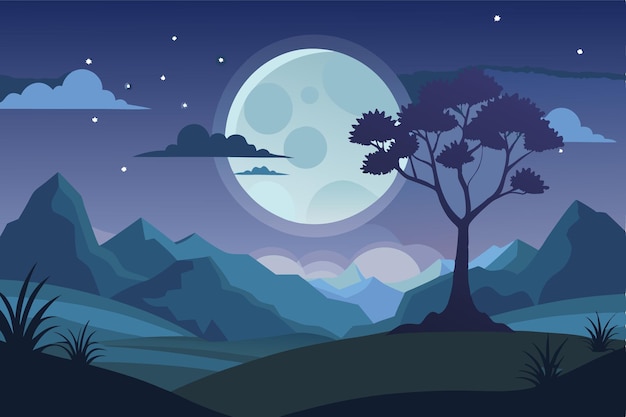 Vector a cartoon drawing of a mountain landscape with a tree and a moon in the background