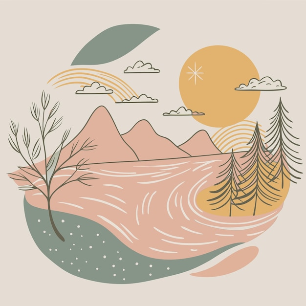 Vector a cartoon drawing of a mountain landscape with trees and clouds