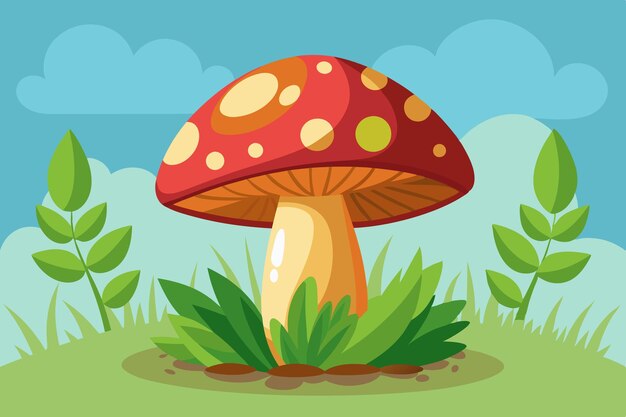 Vector a cartoon drawing of a mushroom with green leaves and a blue sky background