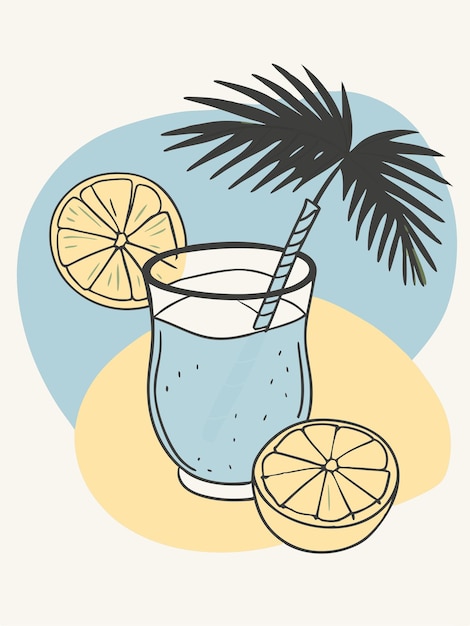 a cartoon drawing of a palm tree and a glass of lemonade