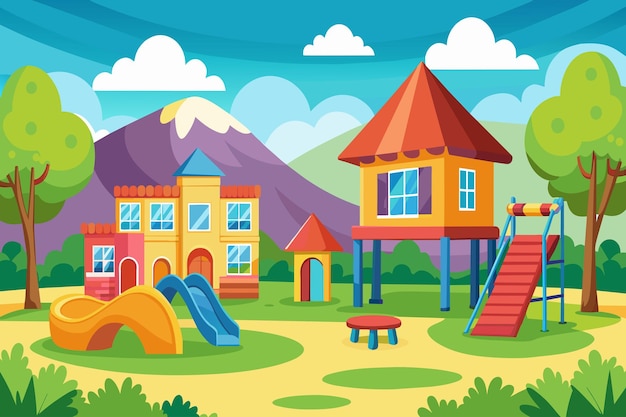 A cartoon drawing of a park with a playground and a house