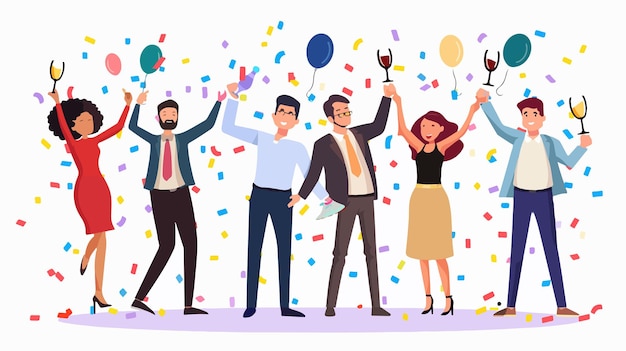 Vector a cartoon drawing of people celebrating with balloons and confetti