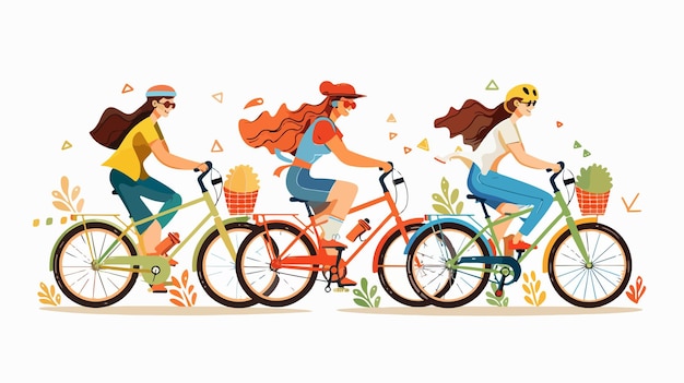 Vector a cartoon drawing of people riding bicycles with a basket on the front