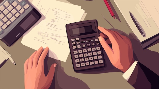 Vector a cartoon drawing of a person using a calculator with a pen and a pen