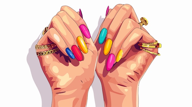 Vector a cartoon drawing of a person with bright colored nails and a gold chain