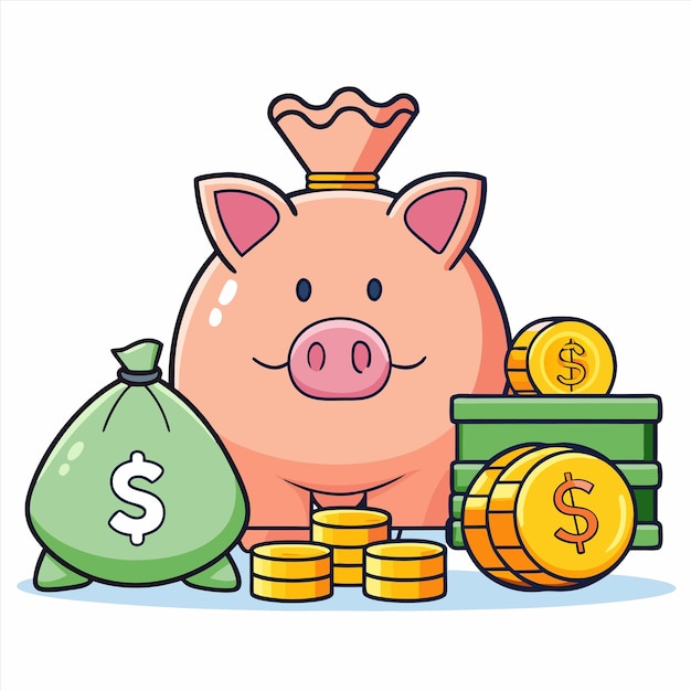 Vector a cartoon drawing of a pig with a bag of money and a bag of money