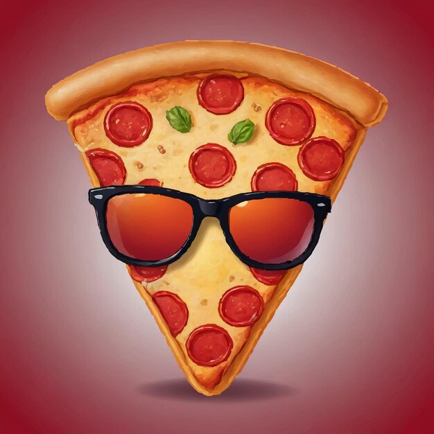 Vector cartoon drawing of a pizza with glasses and a face of pizza