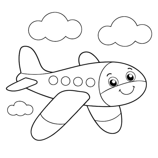 Vector a cartoon drawing of a plane with a happy face and clouds in the background