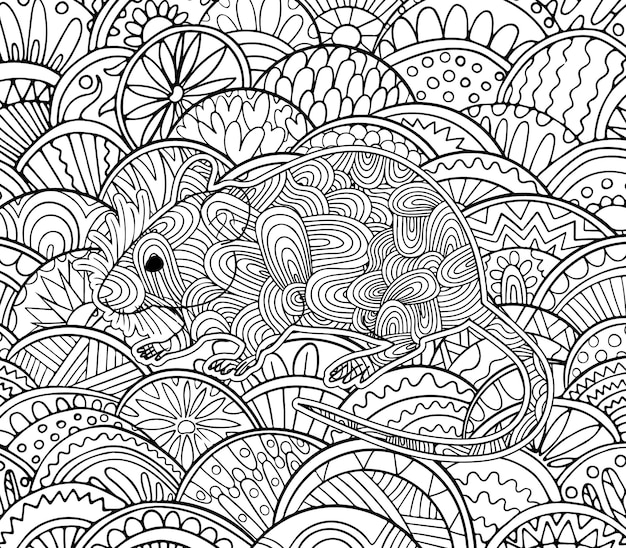 a cartoon drawing of a rat with a pattern of the leaves