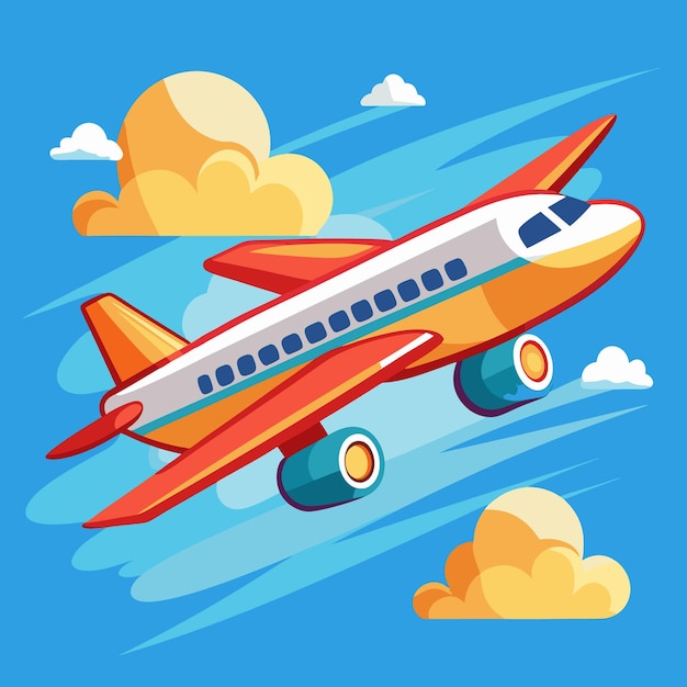 Vector a cartoon drawing of a red and yellow airplane with the words the word on it