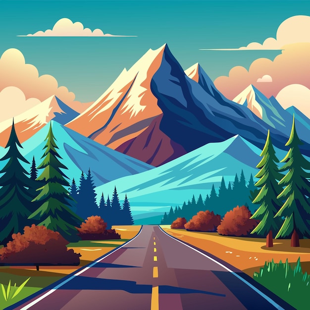 Vector a cartoon drawing of a road with a mountain in the background