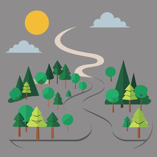 a cartoon drawing of a road with a road and trees