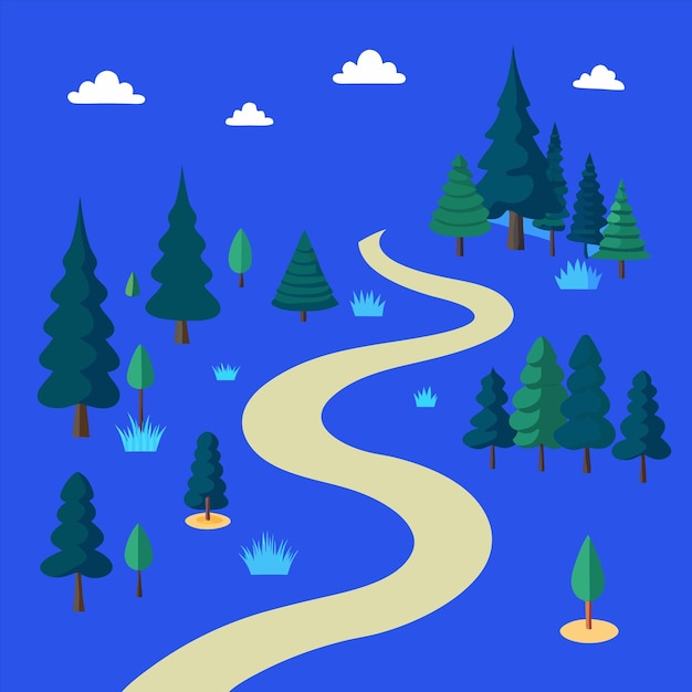 Vector a cartoon drawing of a road with trees and clouds