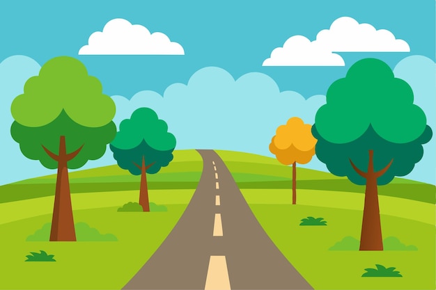 a cartoon drawing of a road with trees and grass