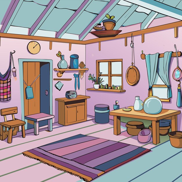 Vector a cartoon drawing of a room with a pink and purple rug