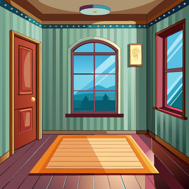 a cartoon drawing of a room with a window and a door that says  the word  on it