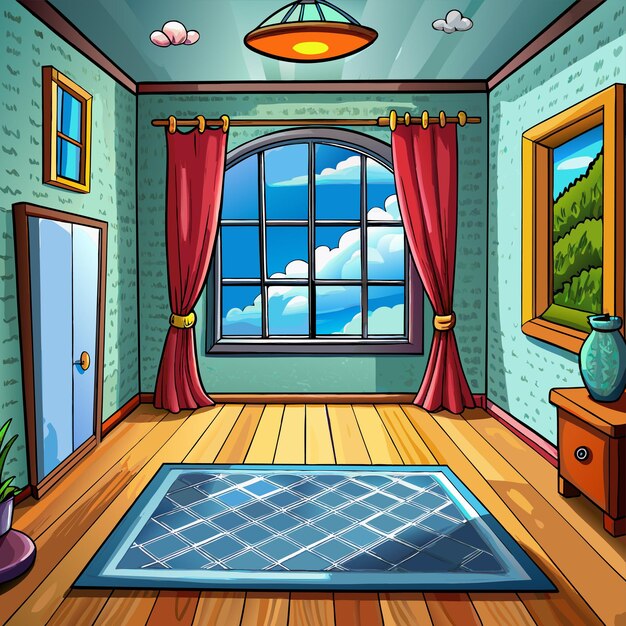 Vector a cartoon drawing of a room with a window and a rug on the floor