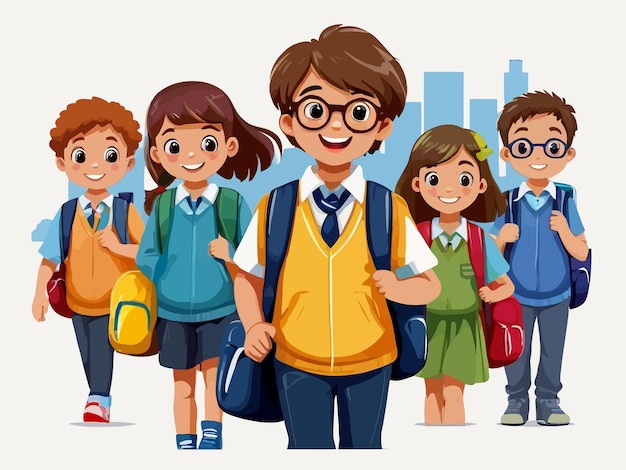 Vector a cartoon drawing of a school boy with a group of school children