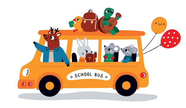 Vector a cartoon drawing of a school bus with animals on the sideyellow school bus with cute animals back