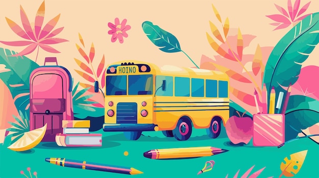 a cartoon drawing of a school bus with a pencil and pencils