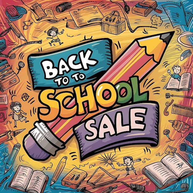 a cartoon drawing of a school sale sign with the words back to school