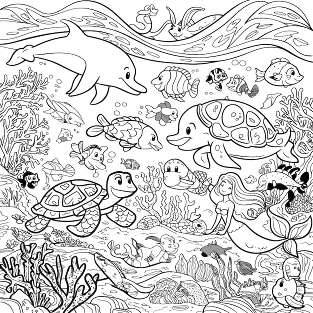 a cartoon drawing of a sea turtle and the sea