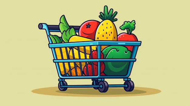 a cartoon drawing of a shopping cart with vegetables and fruits