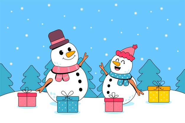 Vector a cartoon drawing of snowman with gift box