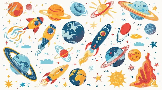 a cartoon drawing of a space ship and planets