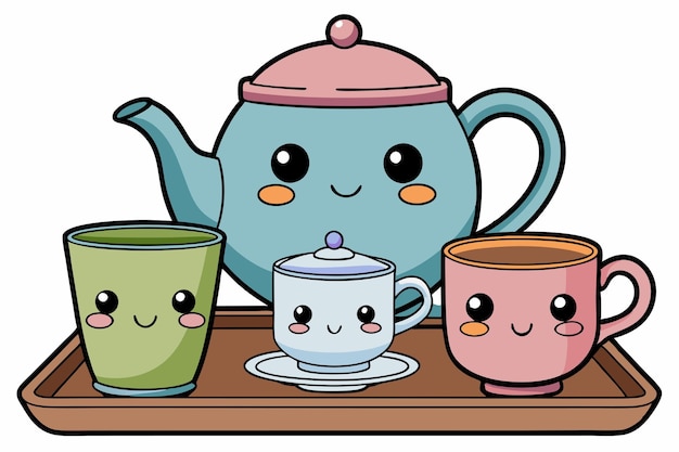 Vector a cartoon drawing of tea cups and teapots on a shelf