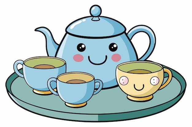 a cartoon drawing of a teapot and cups of tea