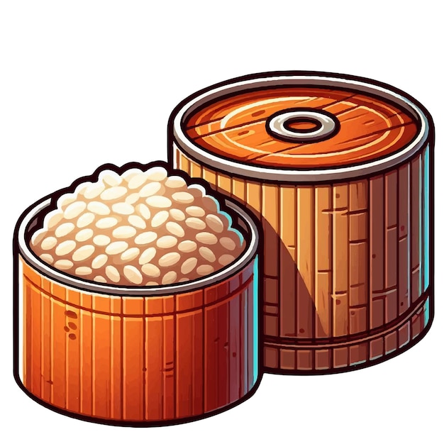 a cartoon drawing of a tin with a container of beans and a container of rice