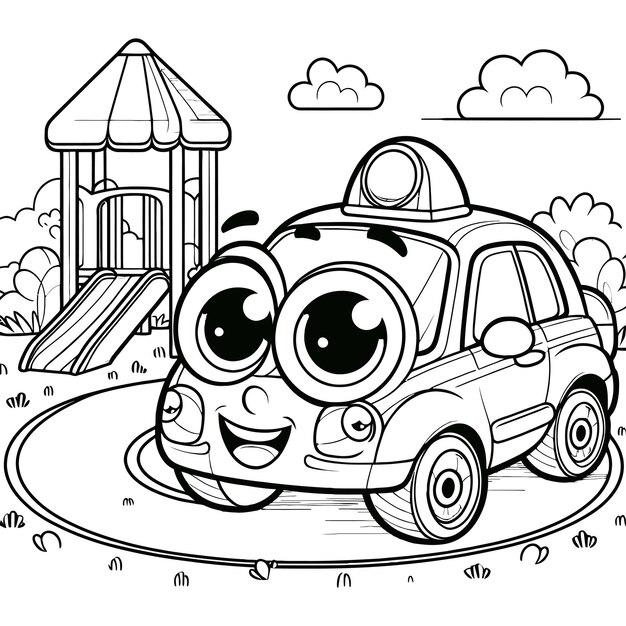 Vector a cartoon drawing of a toy car with a playground in the background