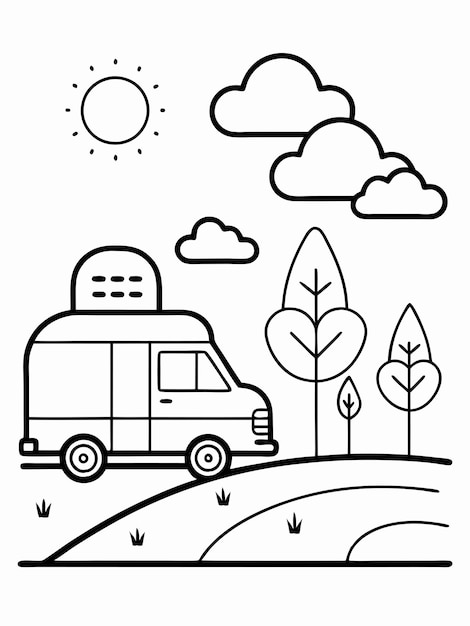 a cartoon drawing of a van with the sun on it