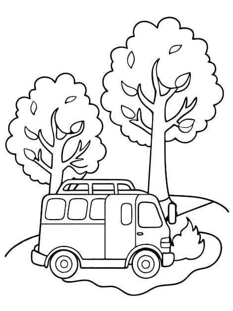 a cartoon drawing of a van with a tree on the top