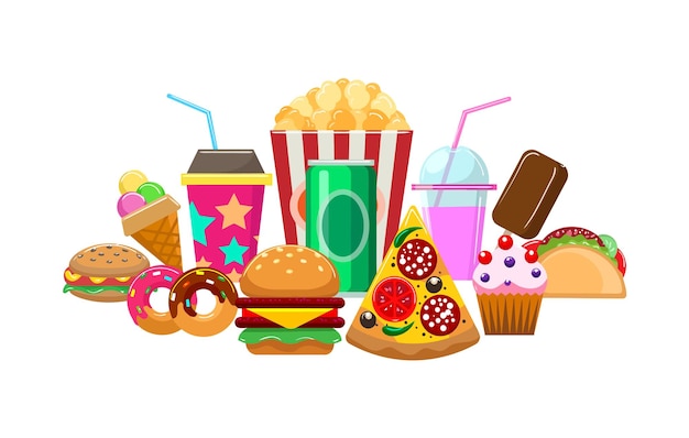 Vector a cartoon drawing of a variety of different desserts including a soda ice cream and a cup of soda