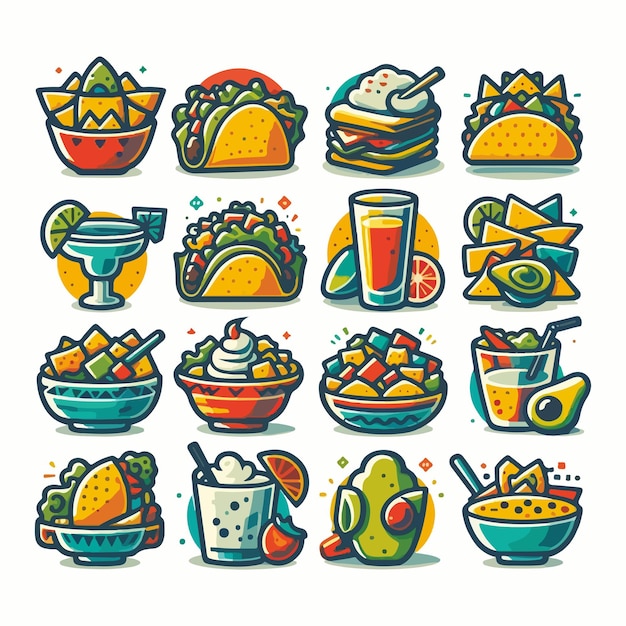 a cartoon drawing of a variety of food including a bowl of soup salad and a bowl of noodles