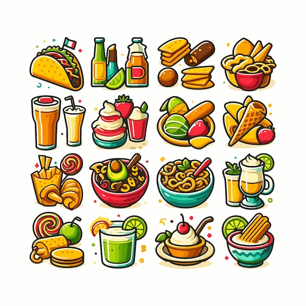 a cartoon drawing of a variety of food including a variety of drinks