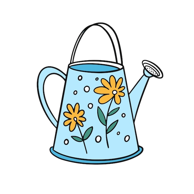 A cartoon drawing of a watering can with orange and yellow flowers.