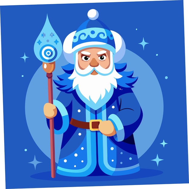 a cartoon drawing of a wizard with a blue background with a star on it