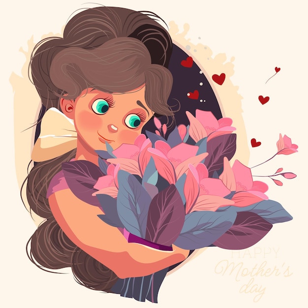 A cartoon drawing of a woman holding a bouquet of flowers