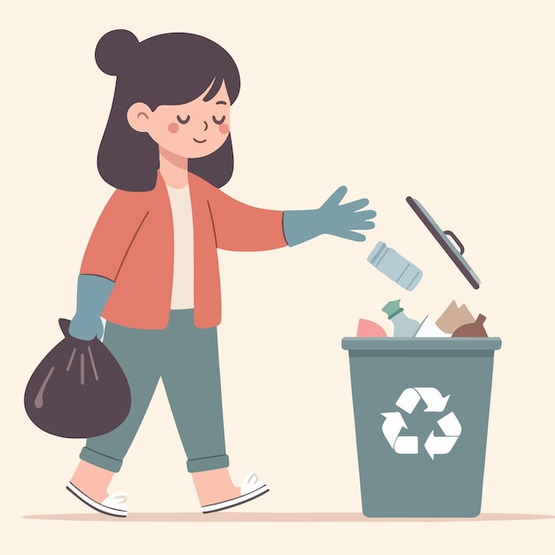 a cartoon drawing of a woman throwing garbage in a trash can